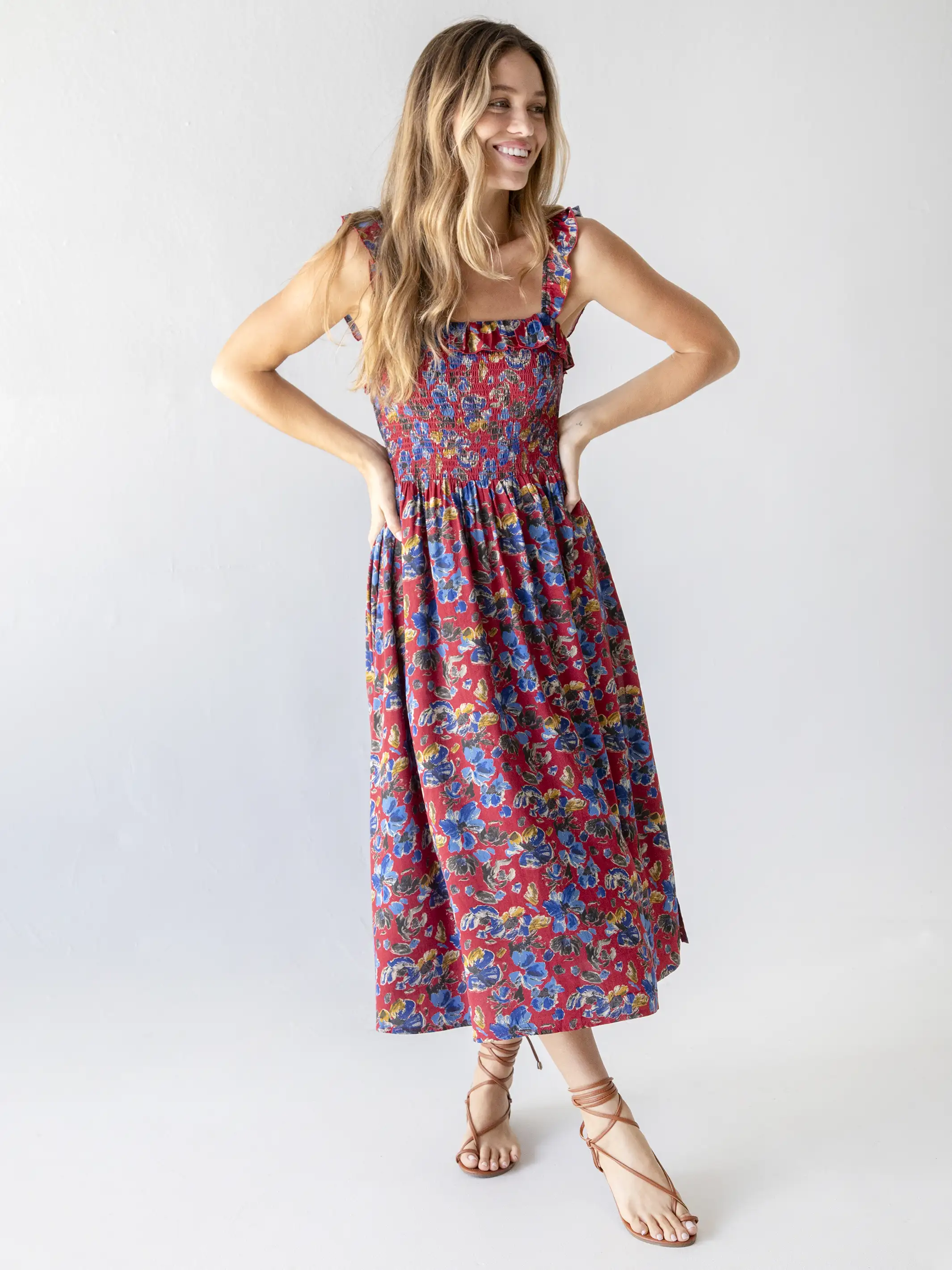 Megan Smocked Midi Dress - Red Blue Floral