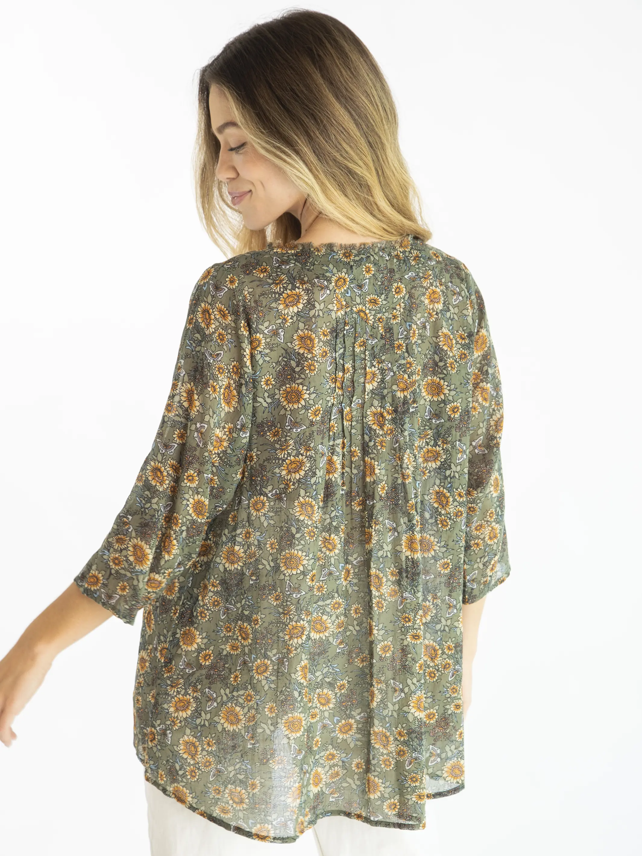 Cotton Tunic-In-A-Bag - Green Sunflower Butterflies