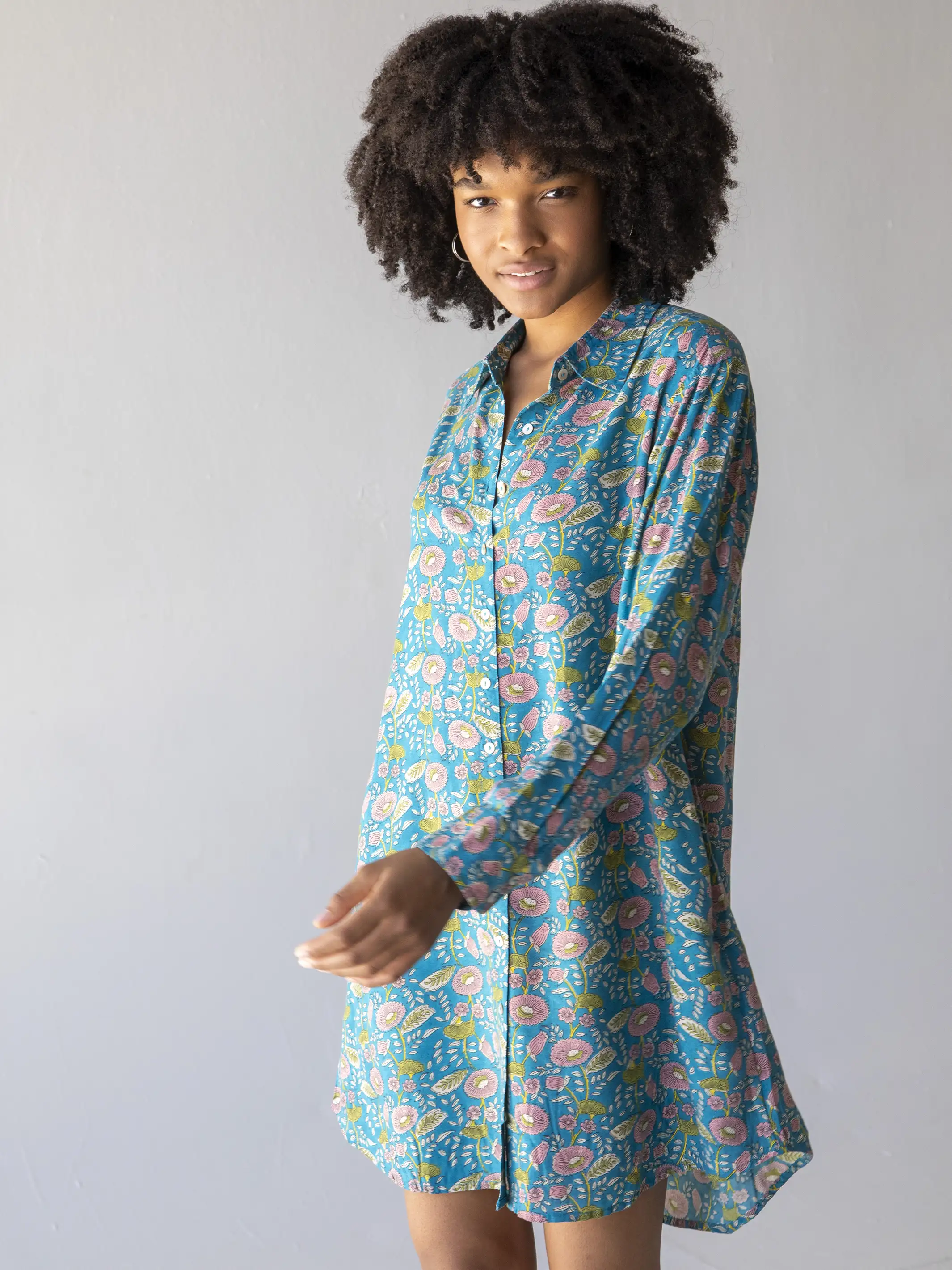 Georgia Shirt Dress - Blue Pink Floral Vines