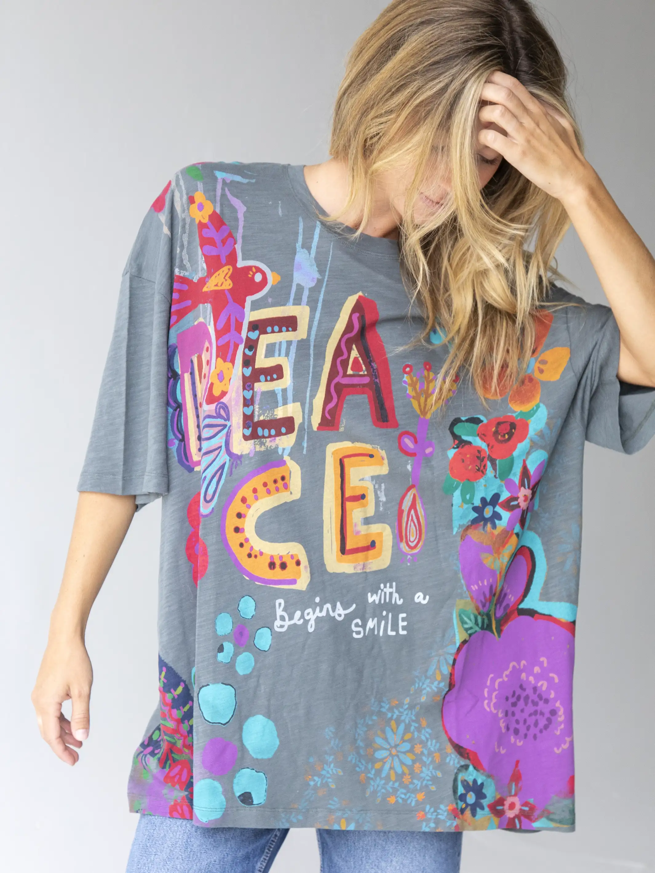 One Size Cotton Easy Tee - Peace Charcoal