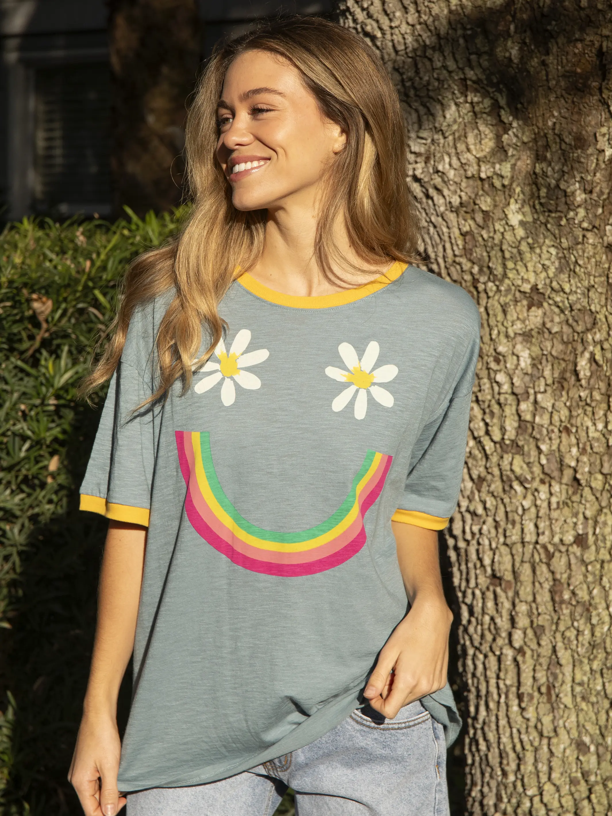 Ringer Oversized Tee Shirt - Dusty Blue Smiley
