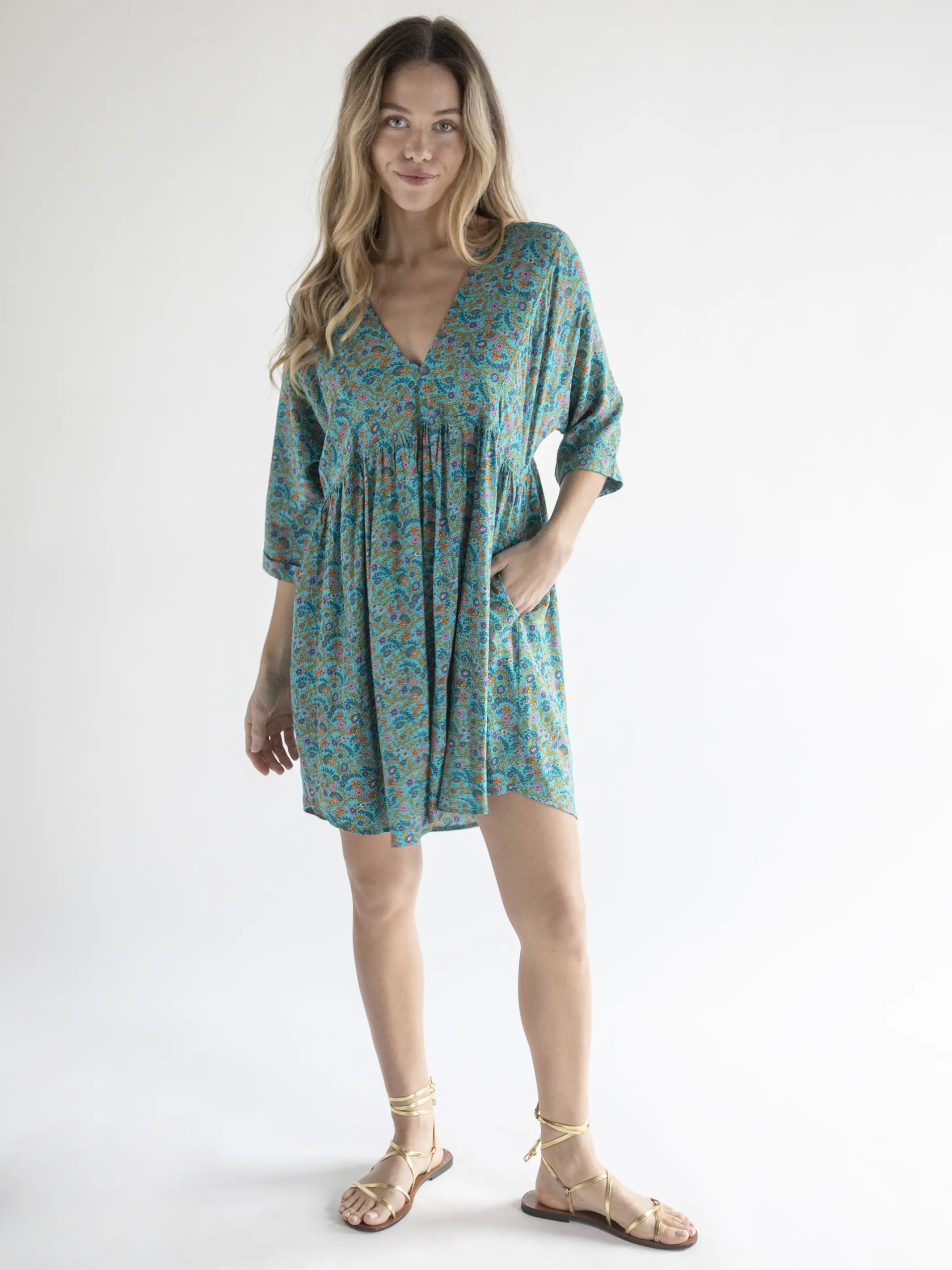 Stella V-Neck Dress - Turquoise Ditsy Vines