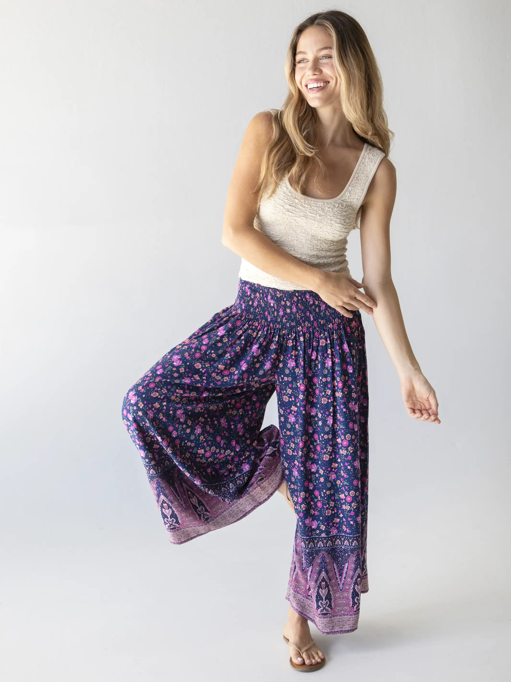 Make A Move Wide-Leg Palazzo Pant - Navy Pink Border