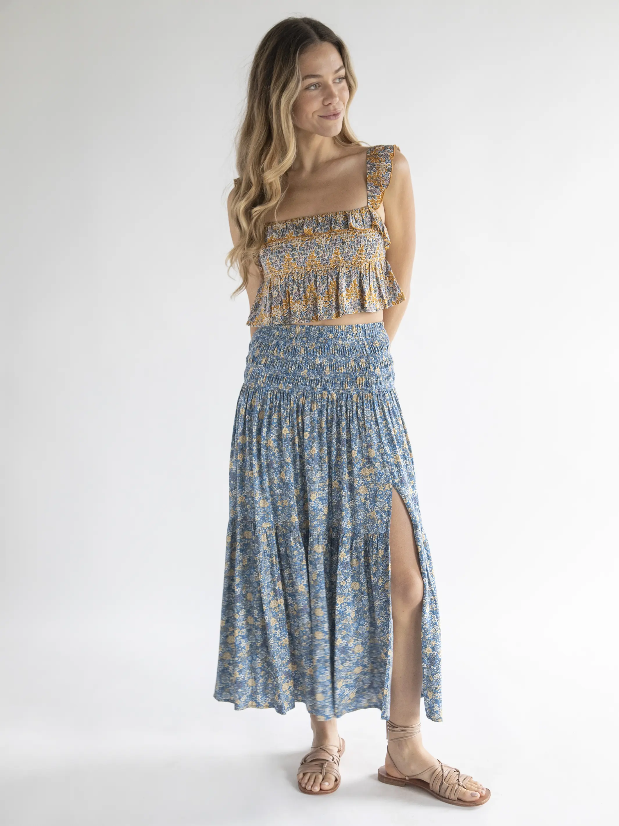 Angelina Midi Skirt - Blue Ditsy Floral