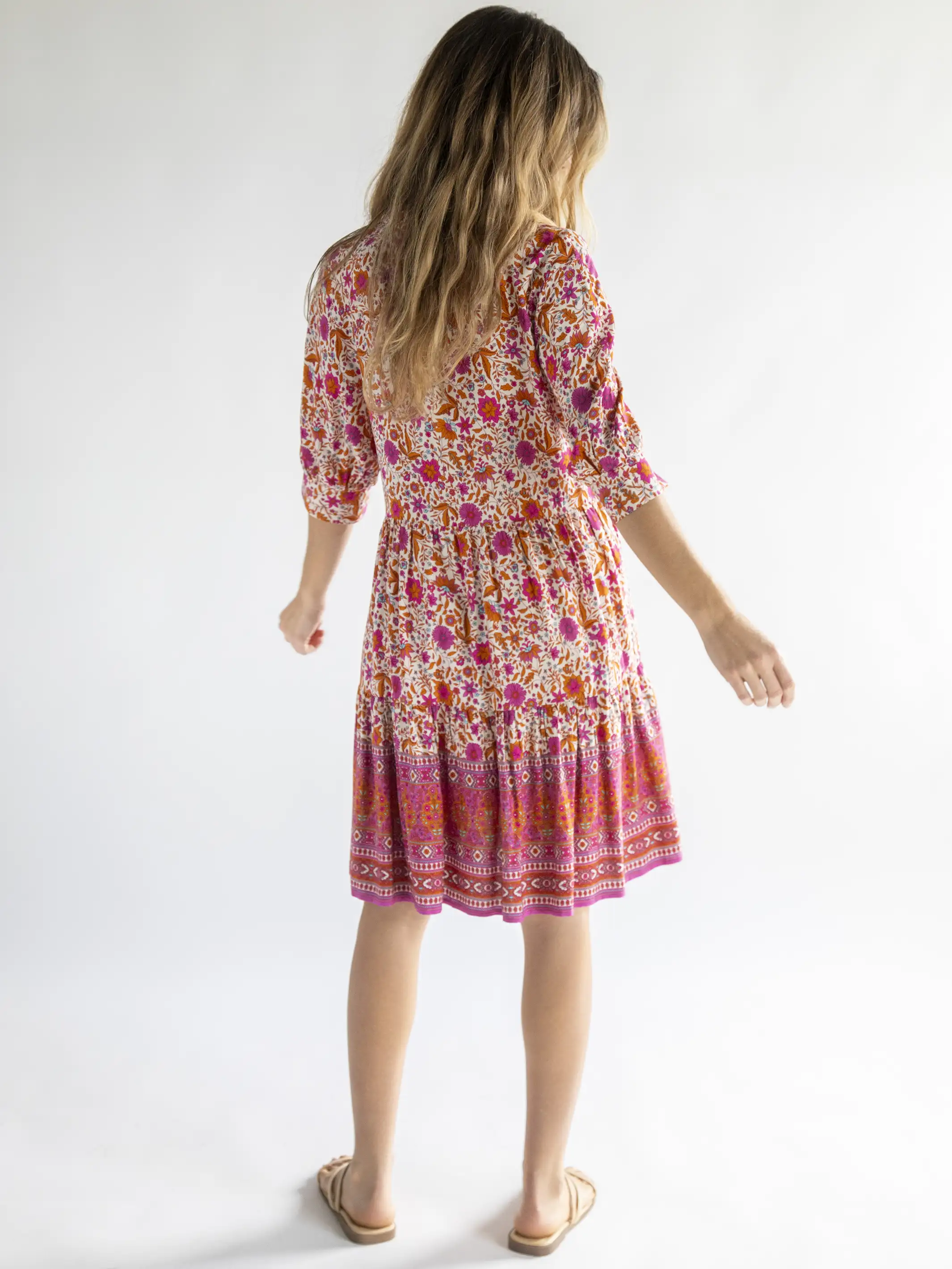 Becca Dress - Cream Pink Border