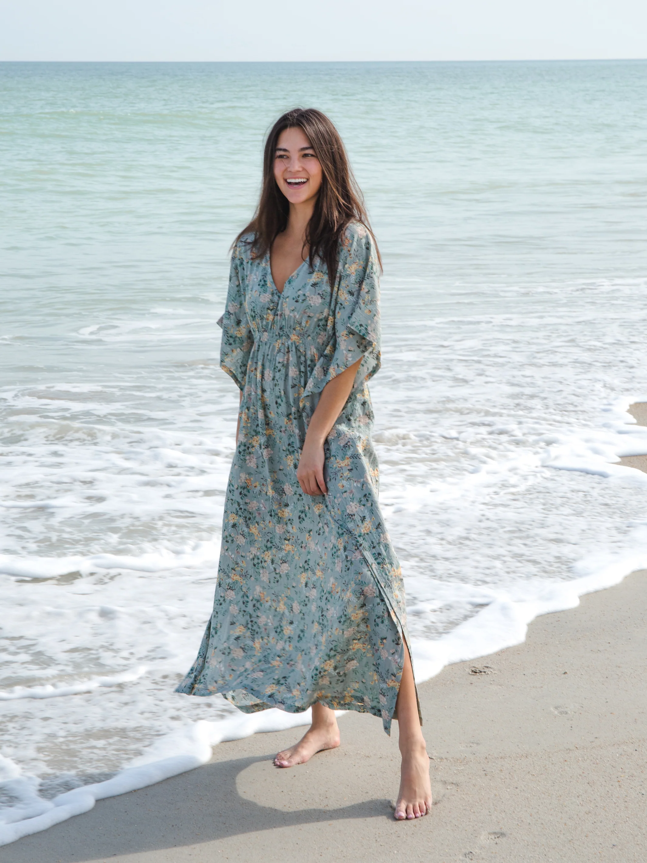 Sanibel Kaftan Dress - Light Green Floral