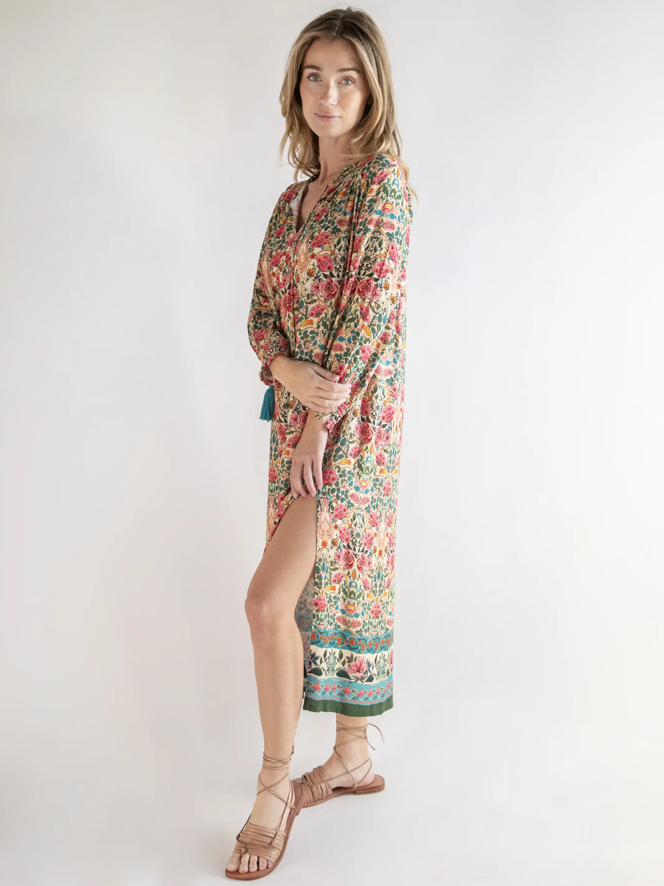 Dara V-Neck Midi Dress - Cream Pink Rose