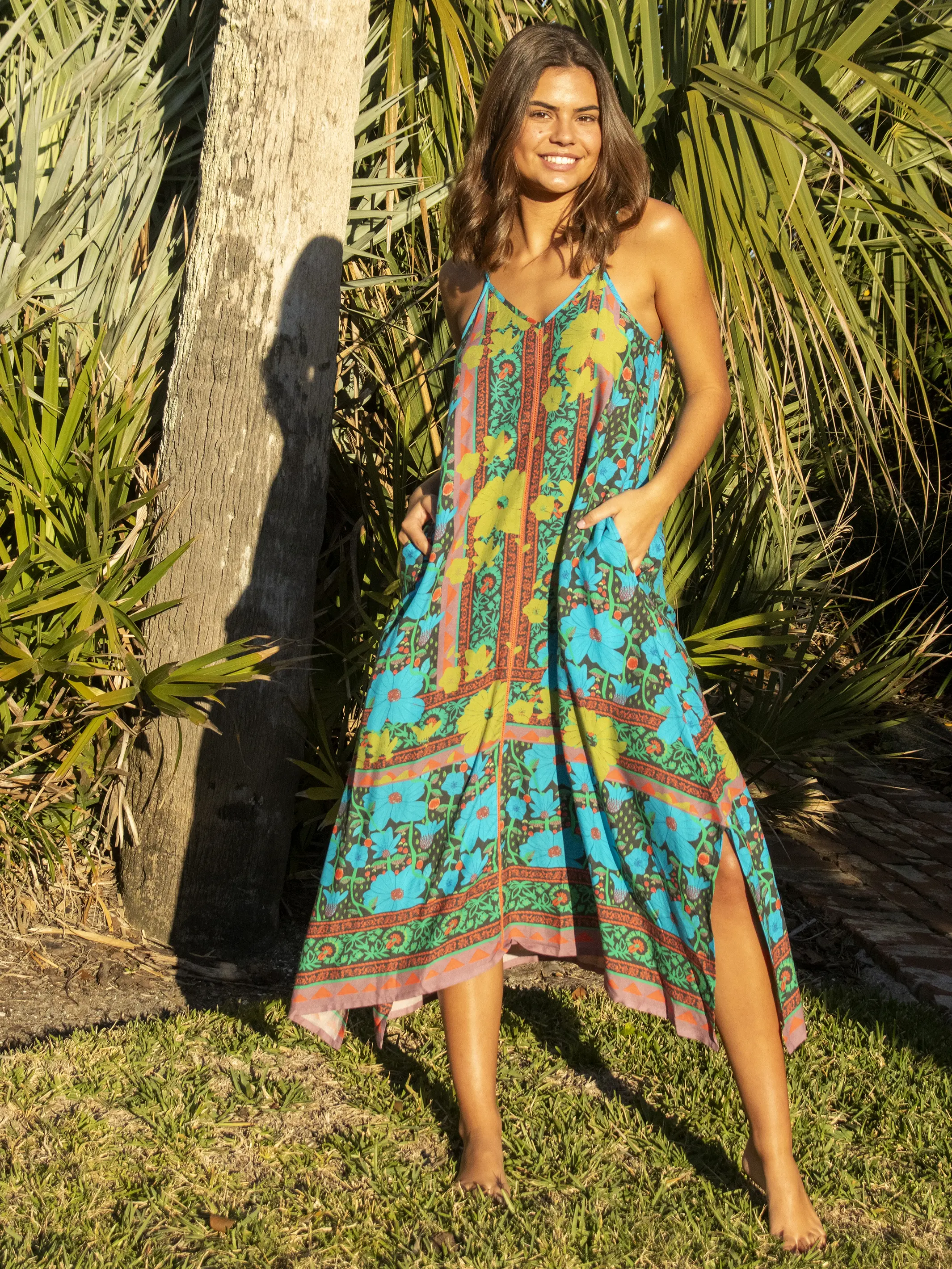 Katrina Midi Slip Dress - Blue Lime Floral